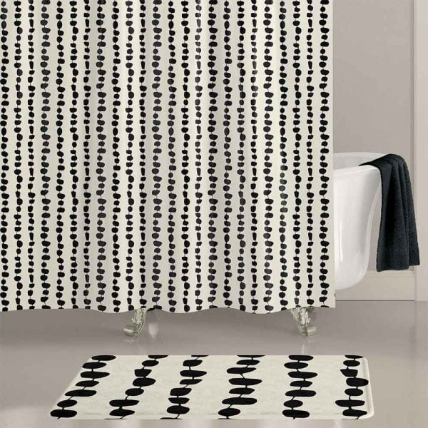 Elegant Striped Shower curtain And bath mat in Black and Beige geometric stripes