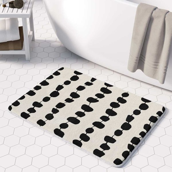 Elegant Plush Beige Non Slip Bathroom Mat With Black Geometric Stripes