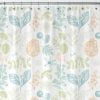Extra Long Shower Curtain With Botanical Print In Blue Green and Ochre Colors