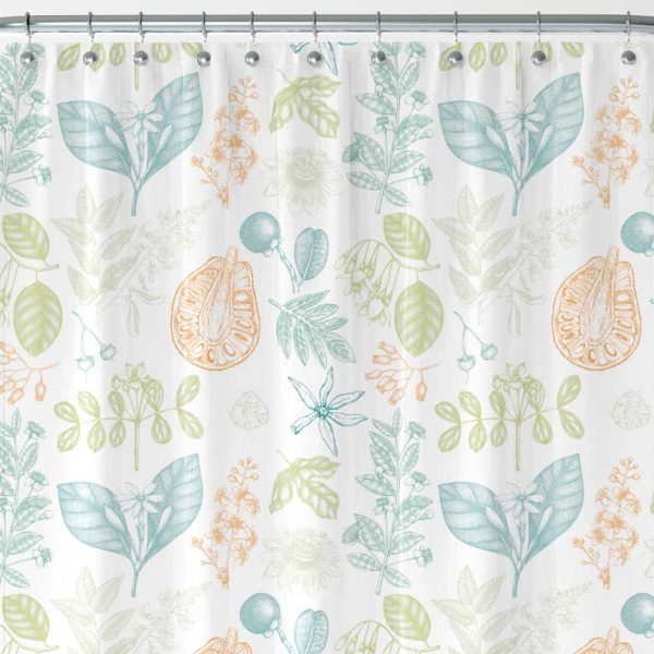 Extra Long Shower Curtain With Botanical Print In Blue Green and Ochre Colors