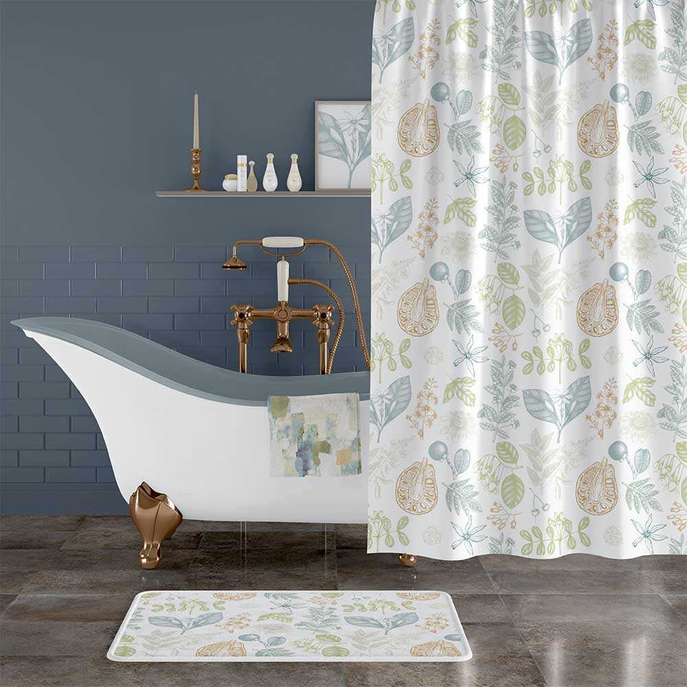 Extra Long Shower Curtain With Botanical Print In Blue Green and Ochre Colors