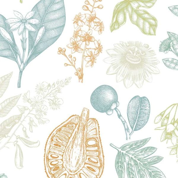 Soft Microfiber printed Bath Mat With Botanical Print In Blue Green and Ochre Colors