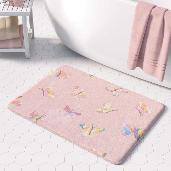 Pretty Pastel Pink Bath Mat With Butterfly Print For Girls Bathroom
