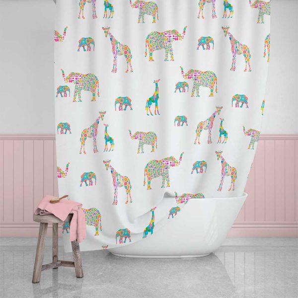 Super cute animal shower curtain for kids bathroom with pink giraffes and elephants