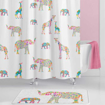kids shower curtain set with pink elephants and pink giraffes