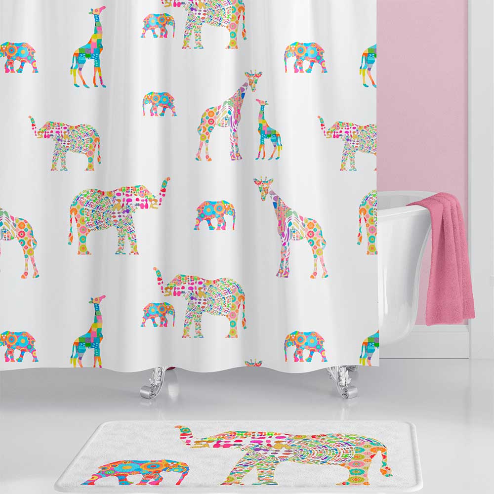 kids shower curtain set with pink elephants and pink giraffes