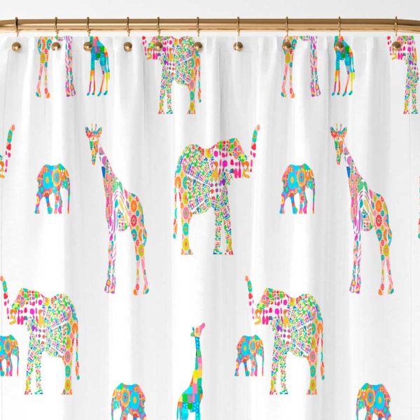 pink safari bathroom curtain with elephant and giraffes.