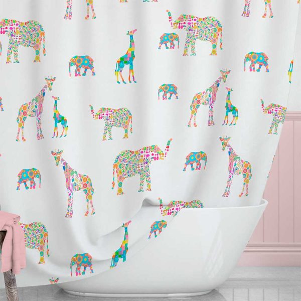 cute pink elephant and giraffe shower curtain for girls pink bathroom