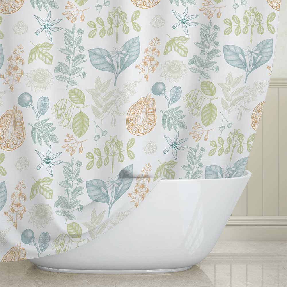 A nature inspired botanical printed fabric shower curtain for a farmhouse bathroom