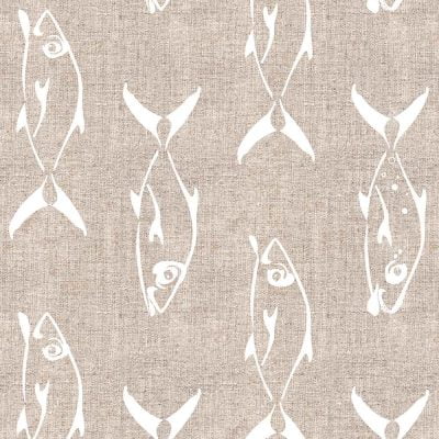 beige and white fish coastal bathroom curtain