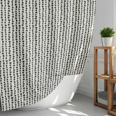 Modern Black And Cream Fabric Shower Curtain With Abstract Minimalist Artist Designed Stripes Pattern - Water Repellent, Shower Rings And Hooks Included
