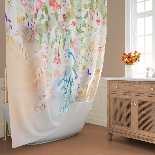 Bathroom setting with watercolor wildflower fabric shower curtain.