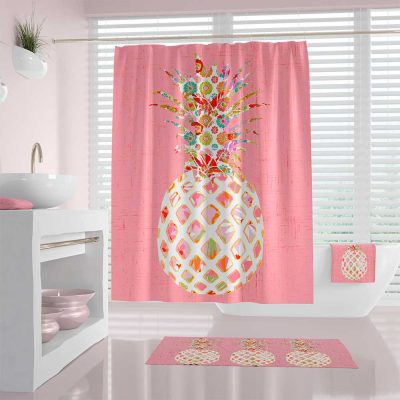 72 x 72 Pink Shower Curtain With Tropical Pineapple Print For A Beach House Bathroom Vibe - A Fun, Colorful Bathroom Set With Matching Bath Mat And Bath Towels
