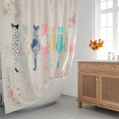 Shabby Chic Style Beige And Pink Shower Curtain With Cats - Artist Designed 72 x 72 Washable, Waterproof Fabric And Shower Rod Hooks Included.