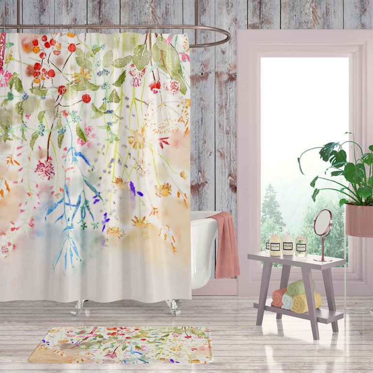 Bathroom setting with watercolor wildflower fabric shower curtain.