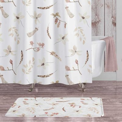 Elegant White Floral Fabric Curtain Shower Curtain - Water Repellent, 12 Hooks Included And Matching Bathroom Bath Mat And Towels Available