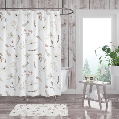 72 x 72 Boho Chic Floral Shower Curtain With Artist Designed Beige, Cream And White Pressed Flowers And Black And Brown Feather Print - Waterproof, Elegant Polyester Fabric - No Liner Required And Hooks Included.