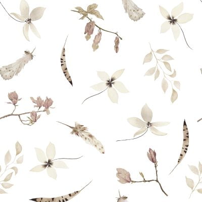 72 x 72 Boho Chic Floral Shower Curtain With Artist Designed Beige, Cream And White Pressed Flowers And Black And Brown Feather Print - Waterproof, Elegant Polyester Fabric - No Liner Required And Hooks Included.