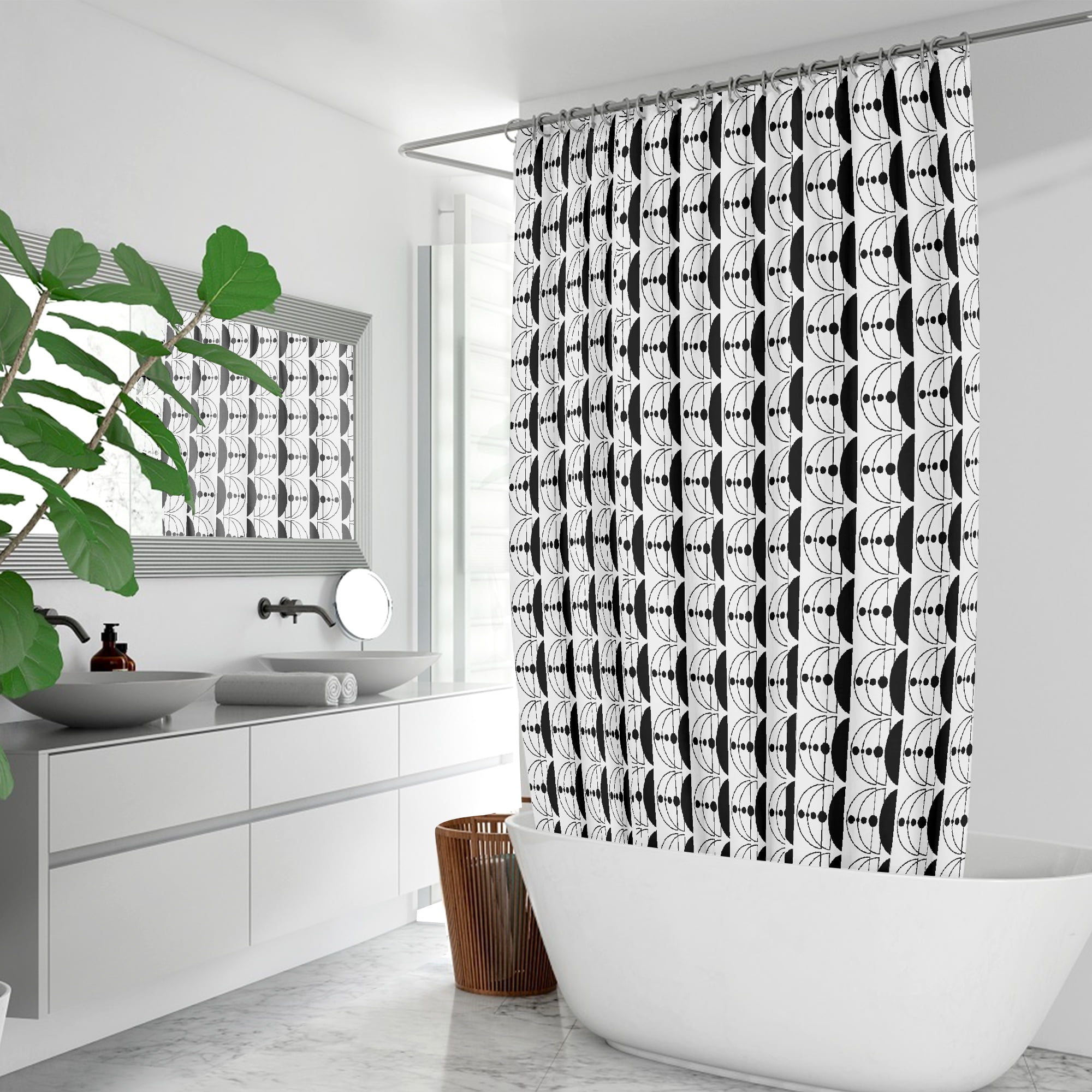 Geometric Print Fabric Shower Curtain - Bold Black & White, Waterproof, Washable & Includes 12 Hooks - Image 3