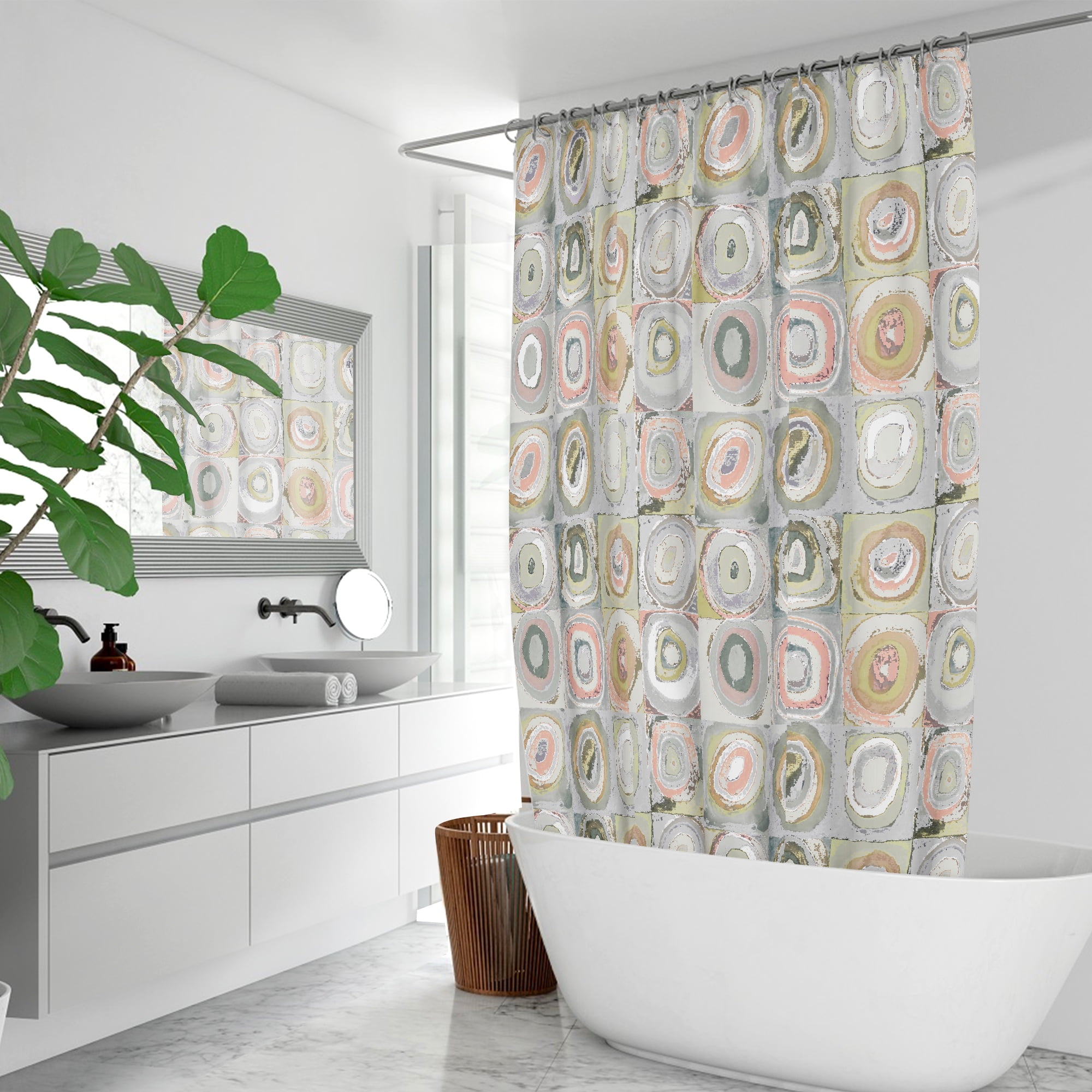 Unique Pink and Grey Kandinsky Inspired Abstract Shower Curtain - Quick Drying, Washable & Includes 12 Hooks - Image 4