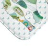 A white microfiber non slip bath mat for kids featuring a playful blue and green elephant print. Mold and mildew resistant, plush, soft, non-slip, machine washable, and quick drying.