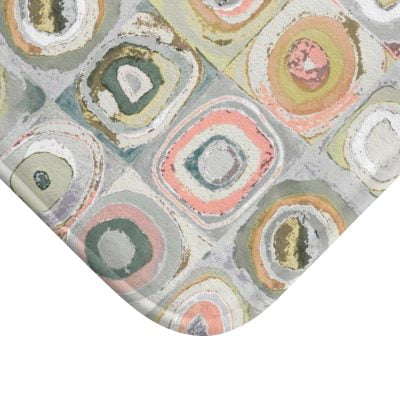 Artist-designed microfiber bath mat featuring Kandinsky geometric abstract pattern