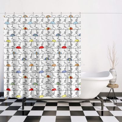 A Colorful Kids Shower Curtain - 72x72/66x72, Fun Umbrellas For Unisex Bathroom Decor - Washable Water-Repellent Fabric, Fun Pattern And 12 Hooks Included - 66''x72''