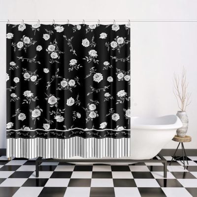 Elegant Modern Farmhouse Floral Shower Curtain - Black with White Flowers, Quick Drying, Washable & Includes 12 Hooks - 66''x72''