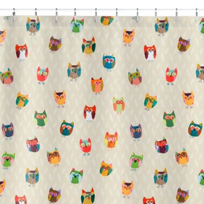 Girls' Beige Bathroom Woodland Owls Shower Curtain For Children - Washable, Water-Repellent Fabric 12 Hooks - 72x72 & 66x72