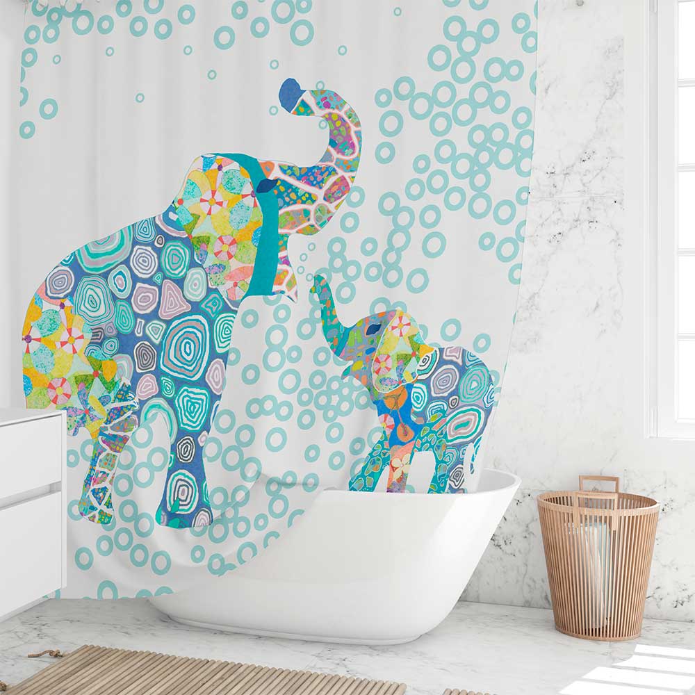 kids fabric shower curtain with blue elephants