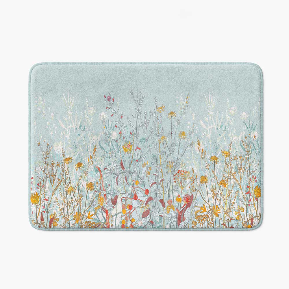 Elegant blue wildflower floral patterned microfiber bath mat with a cottage garden vibe.