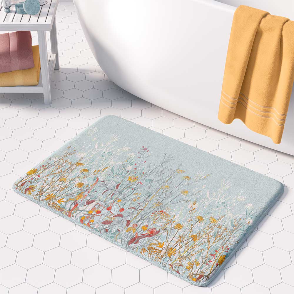 Elegant blue wildflower floral patterned microfiber bath mat with a cottage garden vibe.