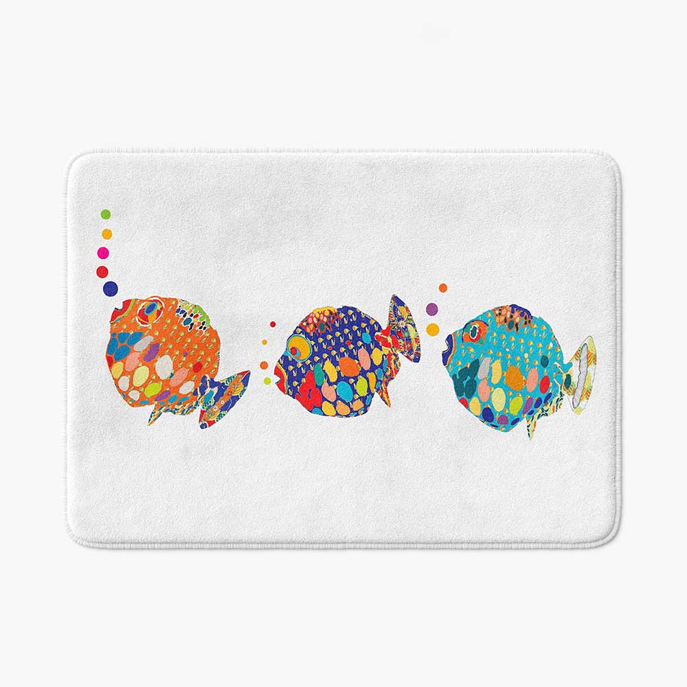 A colorful kids bath mat adorned with vibrant fish patterns, perfect for a kids' bathroom. Mold and mildew resistant, quick-drying, non-slip plush microfiber, washable.