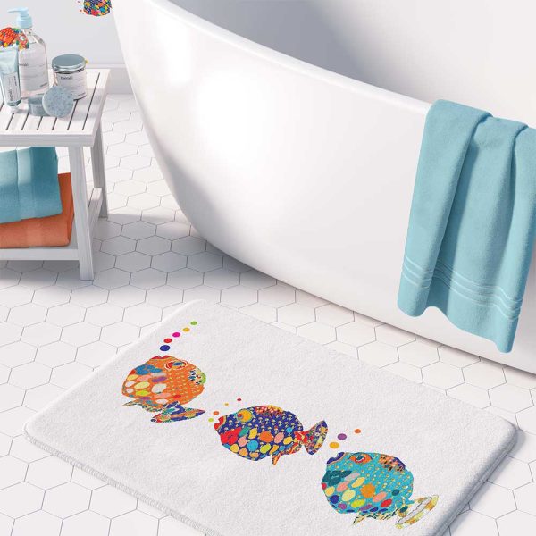 A colorful kids bath mat adorned with vibrant fish patterns, perfect for a kids' bathroom. Mold and mildew resistant, quick-drying, non-slip plush microfiber, washable.