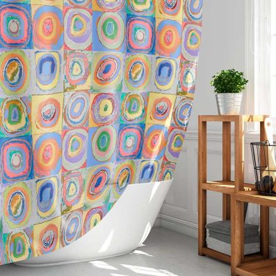 Abstract Design Fabric Shower Curtain - Colorful Kandinsky Inspired, Quick Drying, Washable & Includes 12 Hooks