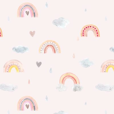 kids shower curtain with pink rainbow printed fabric