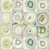 Detail view of abstract green geometric printed bath curtain