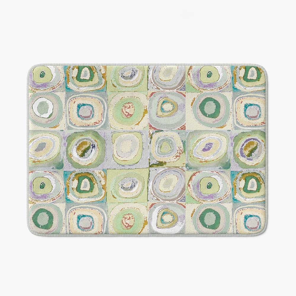 Artist-designed microfiber bath mat featuring Kandinsky geometric abstract pattern