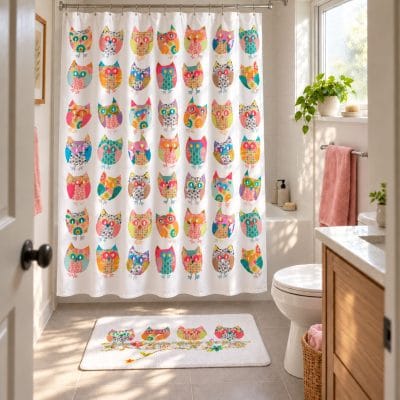 Colorful kids shower curtain with woodland owls and a matching bath mat in a small, sunlit bathroom.