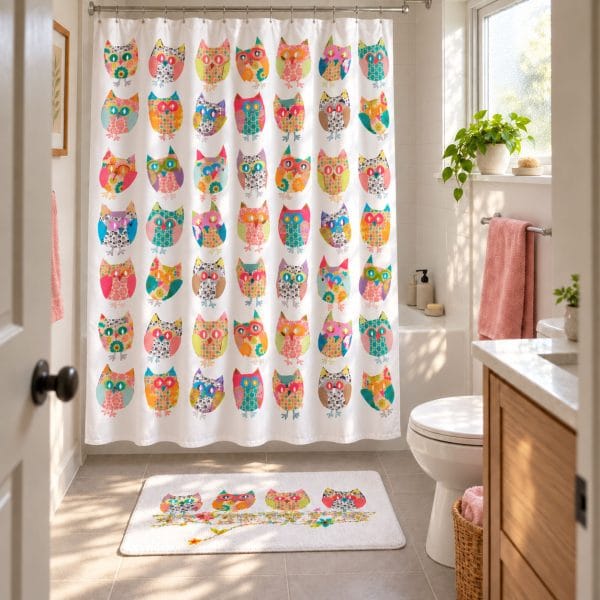 Colorful kids shower curtain with woodland owls and a matching bath mat in a small, sunlit bathroom.