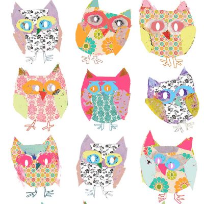 Owl shower curtain With pink, yellow and orange abstract owls