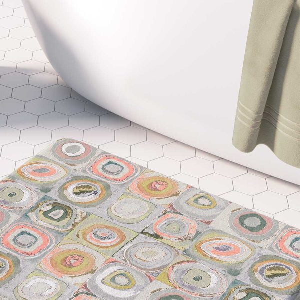 Artist-designed microfiber bath mat featuring Kandinsky geometric abstract pattern