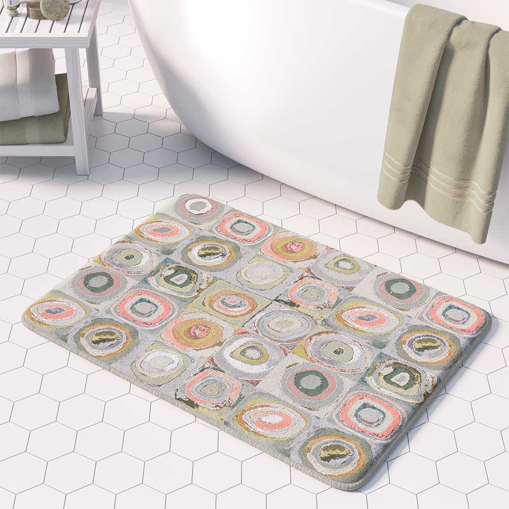 Artist-designed microfiber bath mat featuring Kandinsky geometric abstract pattern