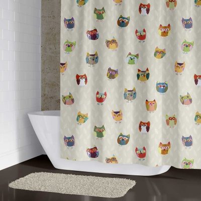 Girls' Beige Bathroom Woodland Owls Shower Curtain For Children - Washable, Water-Repellent Fabric 12 Hooks - 72x72 & 66x72