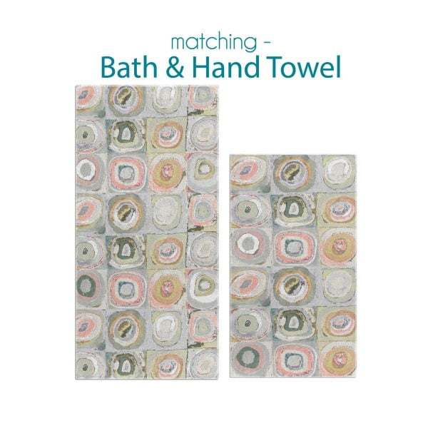 Gray and pink artistic abstract patterned hand and bath towel set.