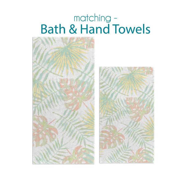 Bath and hand towel set with abstract tropical apricot palm leaves pattern.