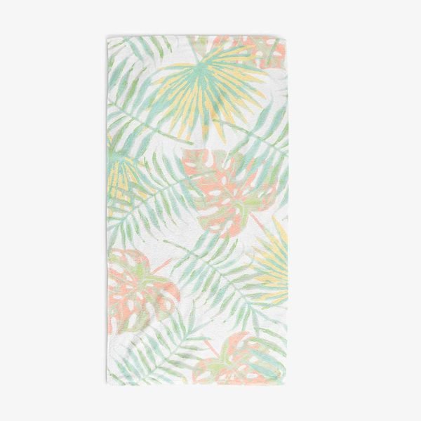 Bath towel with abstract tropical apricot palm leaves pattern.