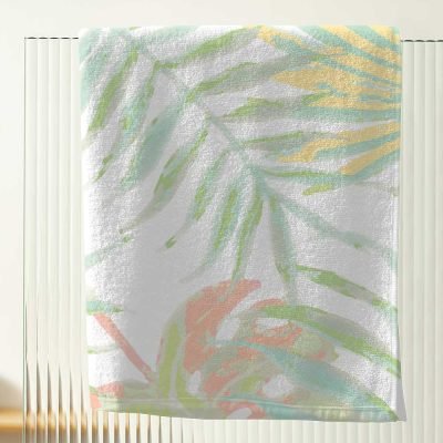 Close-up of abstract tropical apricot palm leaves pattern on artwork.