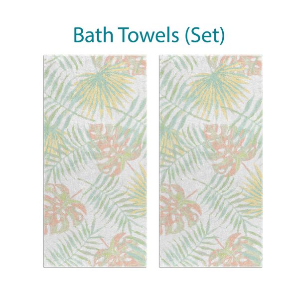Bath towel set with abstract tropical apricot palm leaves pattern.