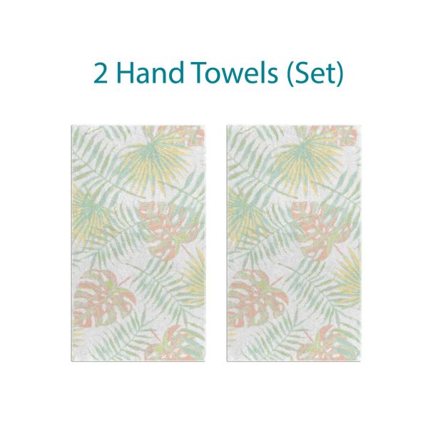 Two hand towels set with abstract tropical apricot palm leaves pattern.